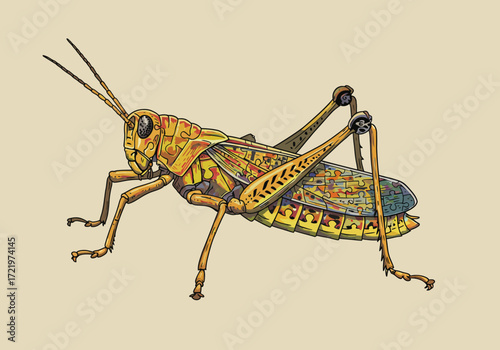 Detailed Illustration of a Colorful PuzzlePatterned Grasshopper.