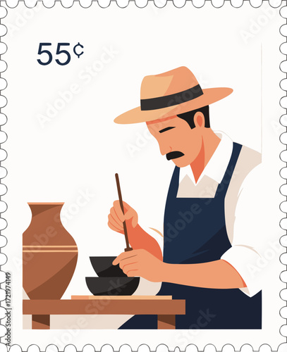 A postage stamp depicting an artisan. A symbol of preserving heritage, disappearing professions, manual labor, and traditional skills in the modern era.
