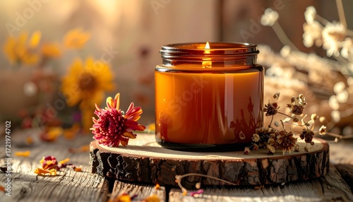 Amber glass jar candle placed on a rustic wooden table with dried flowers nearby