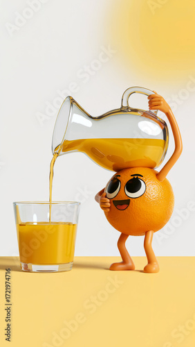 Cartoon Orange Character Pouring Juice into Glass Fresh Fruit Drink Concept