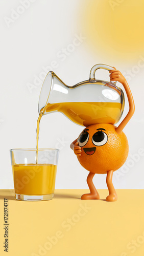 Cartoon Orange Character Pouring Juice into Glass on Yellow Background