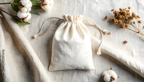 Cotton drawstring pouch mockup laid flat on a textured linen surface