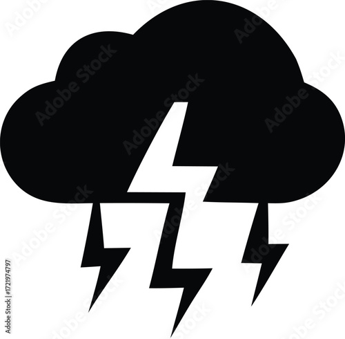 Dark storm cloud with multiple flashing lightning bolts symbol weather icon for forecasts and meteorology themes