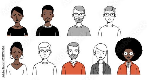 A diverse set of user avatars featuring multicultural men and women. Collection of illustrated character portraits in a modern flat line art style for profiles