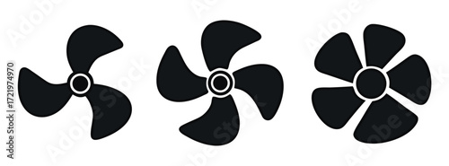Vector art of three propellers with hubs isolated on white background, illustrating the mechanics of air movement and the evolution of fan technology for various industrial and domestic applications