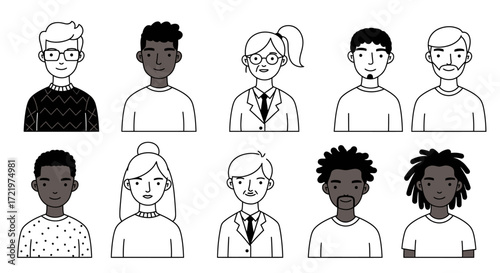 A collection of diverse headshots and avatars representing a modern community. Set of minimalist line art character portraits