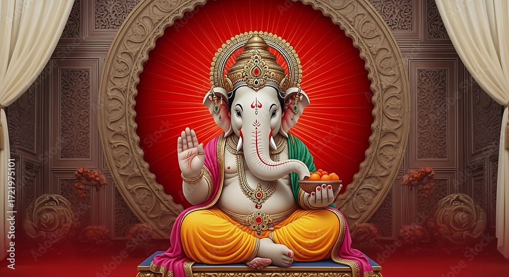 Fototapeta premium Ornate ganesha statue seated in prayer with vibrant red backdrop and golden headdress