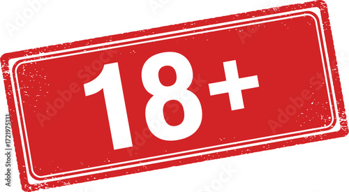 Red rectangular stamp featuring "18+" symbol and border for age restriction content isolated on transparent background