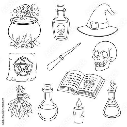 Line art Halloween illustration set with witch cauldron, potions, spell book, broom, herbs, witch hat and other. Outline style perfect for coloring pages, spooky design, witchcraft themes