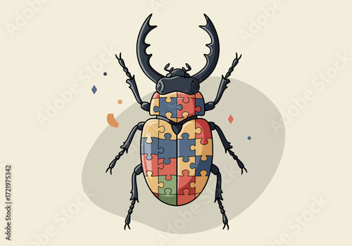 Puzzle Piece Stag Beetle Illustration with Large Mandibles.