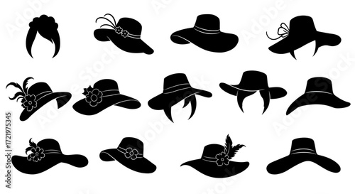 Collection of black silhouette hats with various decorations.