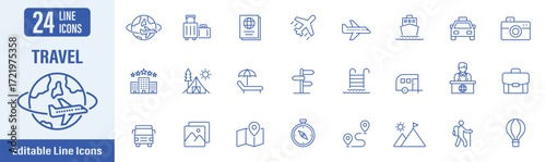 Travel web icons in line style. Contains icons as travel, tourism, vacation, transport, pasport, hotel, locations, holiday and more. Vector illustration.