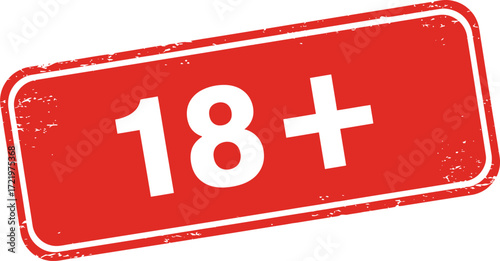 Red rectangular stamp with white "18+" text symbolizing age restriction and mature content isolated on transparent background