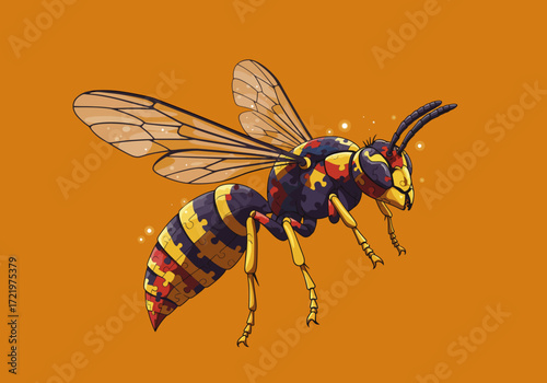 Puzzle Piece Wasp Illustration on Orange Background.