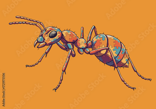 PuzzlePatterned Ant Illustration on Orange Background.