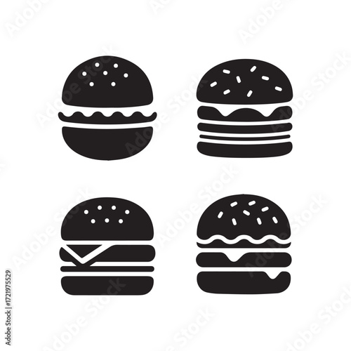 Set of different type of logotype icons burger silhouettes in white background.