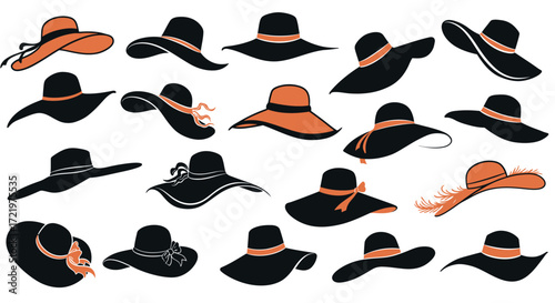 Collection of black hats with orange ribbons and accents, various styles.