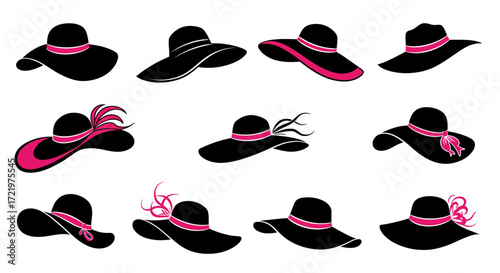 Collection of black hats with pink accents, in various styles.