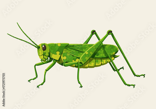 Stylized Green Grasshopper Illustration with Puzzle Piece Pattern.