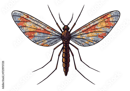 Stylized Mosquito with Puzzle Piece Wing Pattern Illustration.