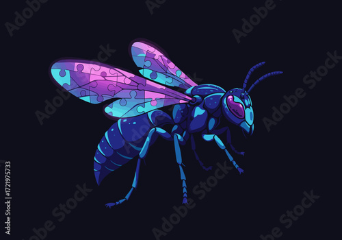 Stylized Wasp Illustration with Puzzle Piece Wing Pattern.
