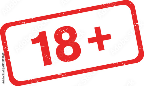 Red stamp graphic indicating 18 plus age restriction symbol isolated on transparent background