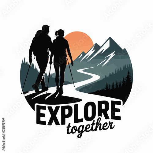 Couple Hiking in Mountains Adventure Vector Art