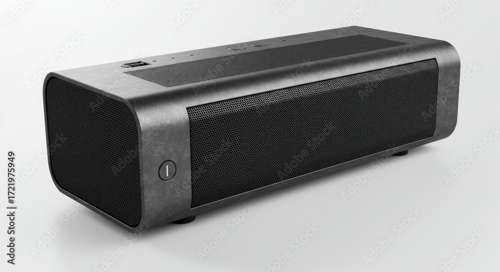 Fototapeta premium A dark textured speaker sits on a white surface