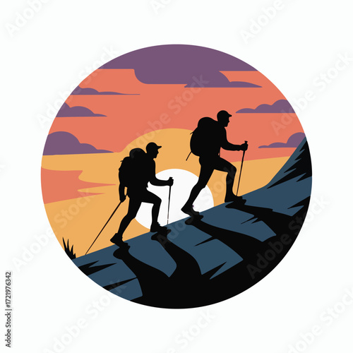 Couple Hiking in Mountains Adventure Vector Art