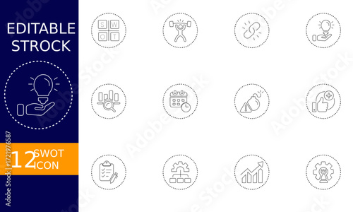 Vector art of collection of swot analysis icons representing business strategy and planning strengths, weaknesses, opportunities, and threats concept