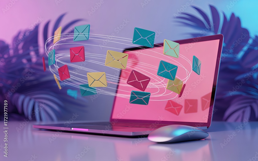 Obraz premium Digital communication concept laptop sending emails and notifications with vibrant neon glowing effects