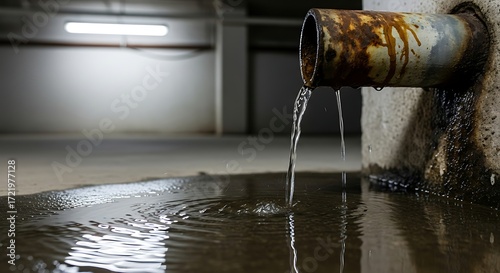 Rusty pipe dripping dirty water into a puddle on the floor