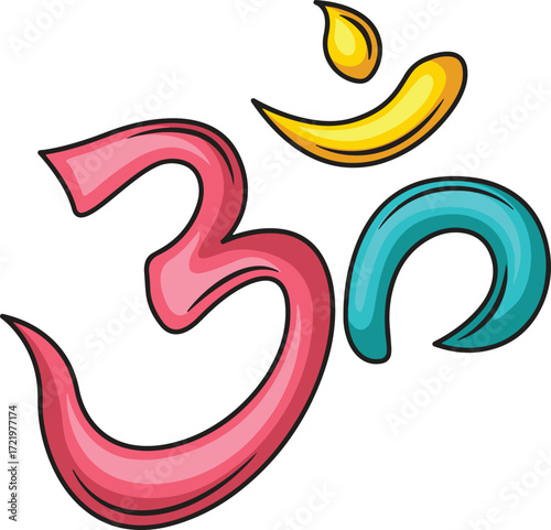 Om symbol with pink yellow and teal elements