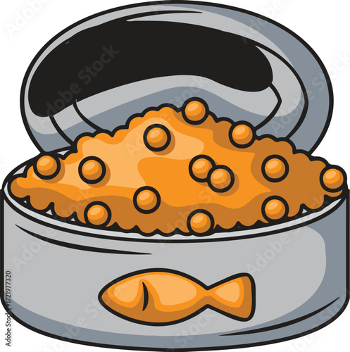Open can of cat food with fish design on the side