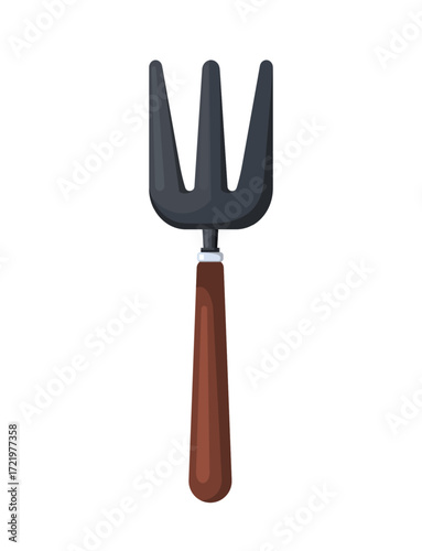 Garden fork with three metal prongs and a wooden handle used for loosening soil, removing weeds. Vector Not AI generated