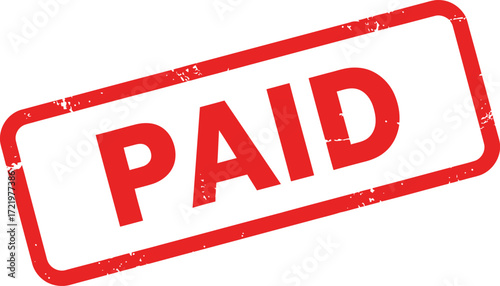 Red stamp graphic featuring the word paid in bold red letters on white isolated on transparent background