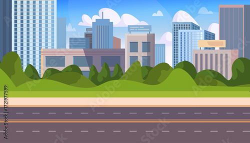 A city street in summer. Urban landscape with empty road, sidewalk, buildings, trees, shrub and blue sky with white clouds. Vector Not AI generated