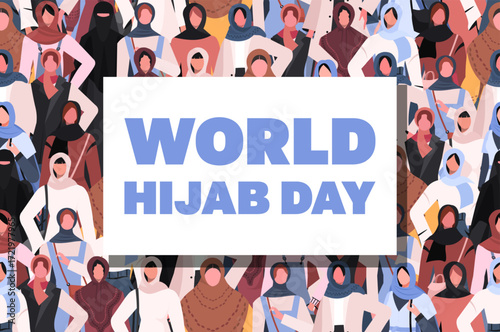 World Hijab Day. Seamless pattern featuring Muslim women in hijabs. The banner is white and square, with the text World Hijab Day displayed. Vector Not AI generated