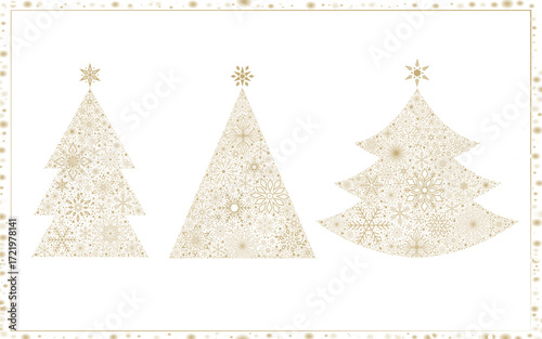 Set of Christmas trees composed of golden snowflakes. Festive holiday illustration for greeting cards, decorations, or digital backgrounds. Hand drawn New Years tree