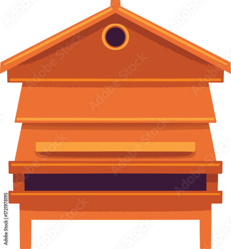 Orange multistory beehive with a peaked roof and round opening