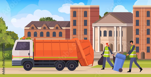 A couple of janitors are gathering trash. The woman is holding black rubbish bags, and the man is loading a blue container into a garbage truck. Vector Not AI generated