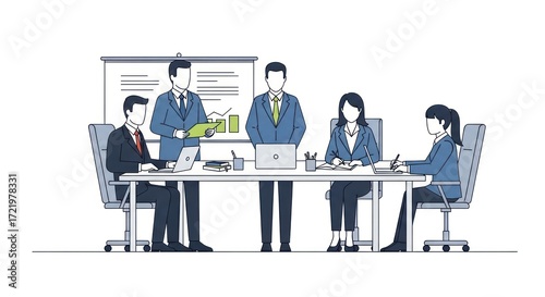 Business Professionals in a Conference Room Meeting with Presentation Board, Flat Design Illustration of Team Collaboration and Strategy Discussion