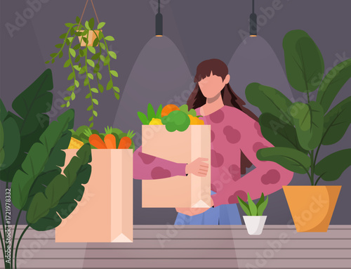 Woman unpacking fresh vegetables from a reusable bag in a cozy indoor setting with potted plants. Sustainable lifestyle. Eco friendly concept. Zero waste. Vector. Not AI generated.