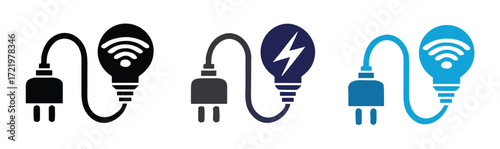 Empowering innovation with smart technology, a conceptual icon set showing a plugged-in lightbulb symbolizing ideas, electricity, and connectivity for digital solutions and modern business growth