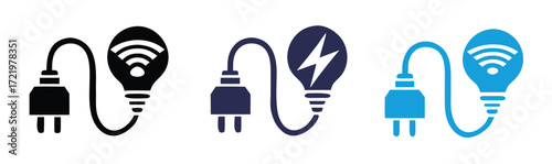 Empowering innovation with smart technology, a conceptual icon set showing a plugged-in lightbulb symbolizing ideas, electricity, and connectivity for digital solutions and modern business growth