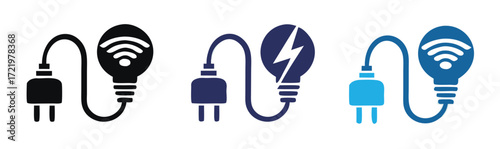 Empowering innovation with smart technology, a conceptual icon set showing a plugged-in lightbulb symbolizing ideas, electricity, and connectivity for digital solutions and modern business growth