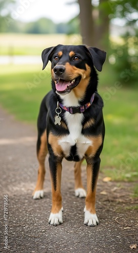 Happy appenzeller sennenhund dog standing on a path outdoors