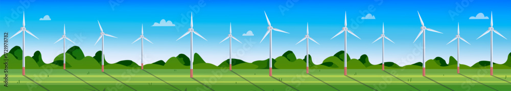 Fototapeta premium Illustration of wind turbines in a green field. Wind turbine farm. Sustainable or Green power concept. Vector Not AI generated