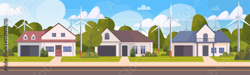 Illustration of a suburban neighborhood with modern houses and wind turbines in the background. The wind turbines symbolize clean energy integration and sustainable living. Vector Not AI generated
