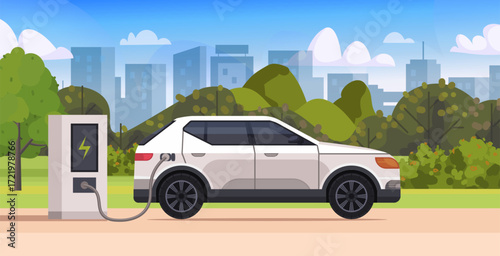 Electric vehicle plugged into a charging unit in a urban greenery and modern buildings. Promotes green energy and sustainable city living. Vector Not AI generated